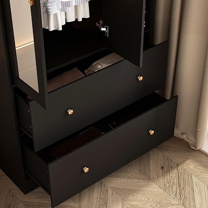 Wardrobe Armoire Closet with Mirror, 2 Door Wardrobe Cabinet with 2 Drawers & Extendable Hanging Rod, Bedroom Armoire Cabinet Clothes Organizer, Type A Black (35.5" W x 15.8" D x 70.8" H)
