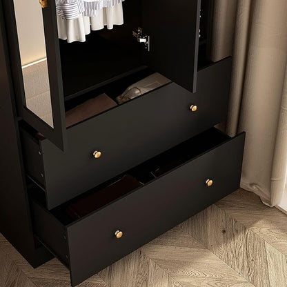 Wardrobe Armoire Closet with Mirror, 2 Door Wardrobe Cabinet with 2 Drawers & Extendable Hanging Rod, Bedroom Armoire Cabinet Clothes Organizer, Type A Black (35.5" W x 15.8" D x 70.8" H)