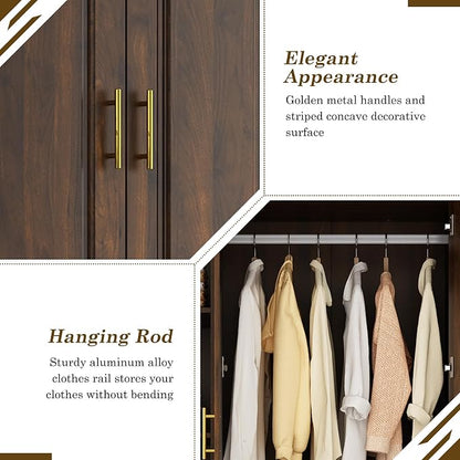 Hlivelood Large Armoire Wardrobe Closet Cabinet with Drawers and LED Lights, Multi-Tier Shelves, Hanging Rod, Large Capacity Storage 3 Door Wardrobe Armoire with Top Cabinet for Bedroom, Brown