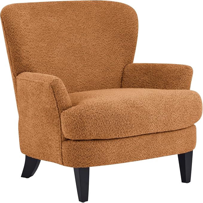 Christopher Knight Home Colby Boucle Upholstered Club Chair, Living Room Accent Chair, Wooden Frame, Flared Armrest, Plush Thick Cushion, Reading Lounge Chair, Space-Saving Furniture, Black+Caramel