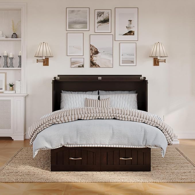 AFI, Nantucket Full Size Murphy Bed Chest with Mattress, Built-in Charging Station and Storage Drawer, Full, Espresso