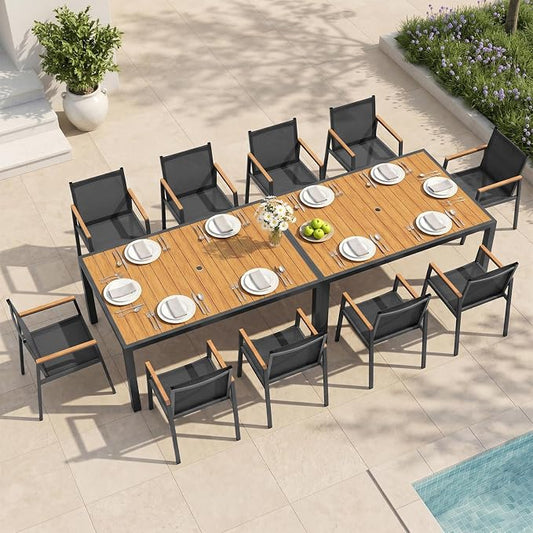 Outdoor Dining Set for 10, Aluminum Patio Table and Chairs Set, 12-Piece All Weather Patio Dining Furniture Set with Umbrella Hole for Backyard, Deck, Poolside (Gray-Teak)