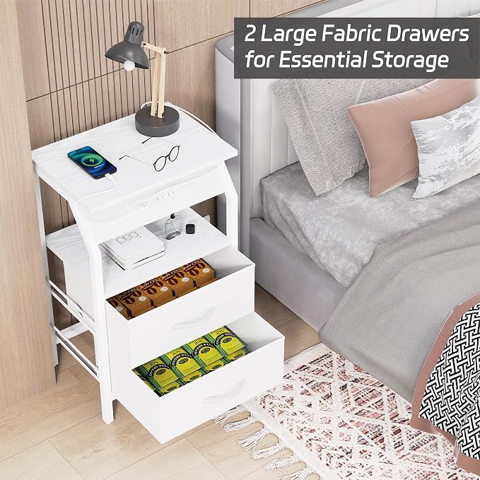 SZLHANJZ LED End Table, Nightstand with 2 Drawers and Charging Station Type C Port, Storage Fabric Night Stand for Bedside, Small Side Table for Living Room Dorm, White