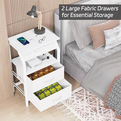 SZLHANJZ LED End Table, Nightstand with 2 Drawers and Charging Station Type C Port, Storage Fabric Night Stand for Bedside, Small Side Table for Living Room Dorm, White