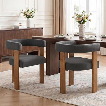 Usaint Wooden Barrel Dining Chairs Set of 4, Mid-Century Modern Upholstered Dining Room Chairs with Walnut Wood Legs and Loop Back, Accent Arm Chair for Dining Room, Kitchen, Living Room, Dark Gray