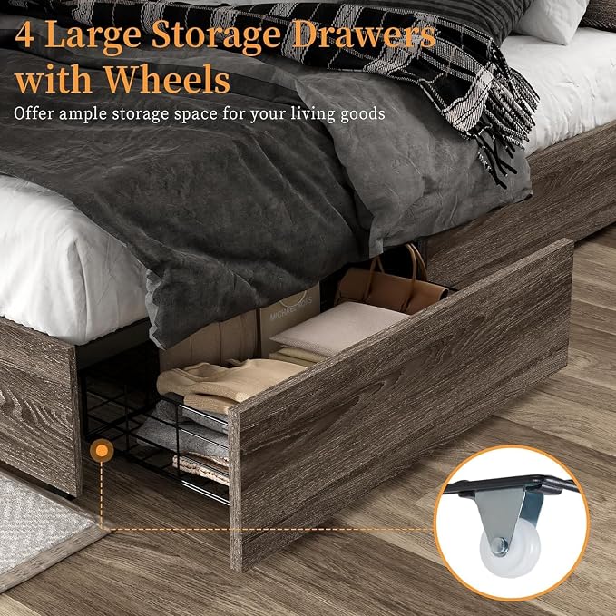 LUXOAK 5-Piece Bedroom Set, 1 X King Size Bed Frame, 2 X Nightstand Set with Charging Station, 1 X 5 Wood Drawer Dresser, 1 X Wood Rustic 6 Drawer Storage Dresser, Farmhouse Bedroom Furniture, Grey