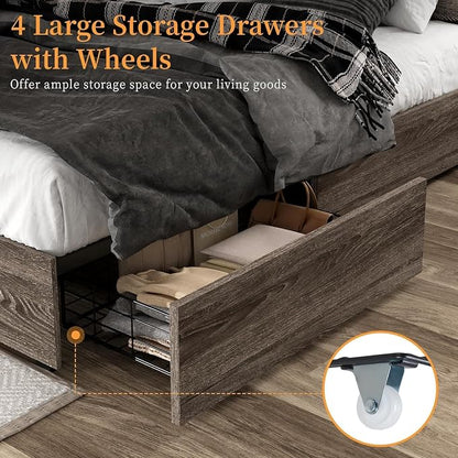 LUXOAK 5-Piece Bedroom Set, 1 X King Size Bed Frame, 2 X Nightstand Set with Charging Station, 1 X 5 Wood Drawer Dresser, 1 X Wood Rustic 6 Drawer Storage Dresser, Farmhouse Bedroom Furniture, Grey