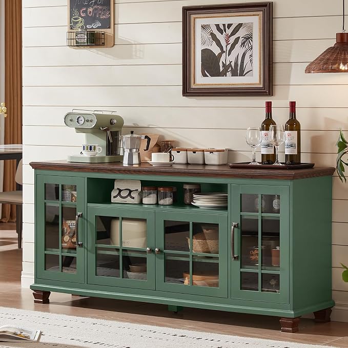 SAVOR LIFE Large Sideboard Buffet Cabinet with Storage,Vintage Green 60" Wide Coffee Bar Cabinet with Glass Doors & Wood Legs,Kitchen Credenza Accent Cabinets for Dining Room, Living Room