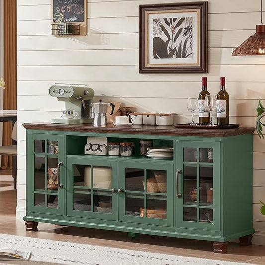 SAVOR LIFE Large Sideboard Buffet Cabinet with Storage,Vintage Green 60" Wide Coffee Bar Cabinet with Glass Doors & Wood Legs,Kitchen Credenza Accent Cabinets for Dining Room, Living Room