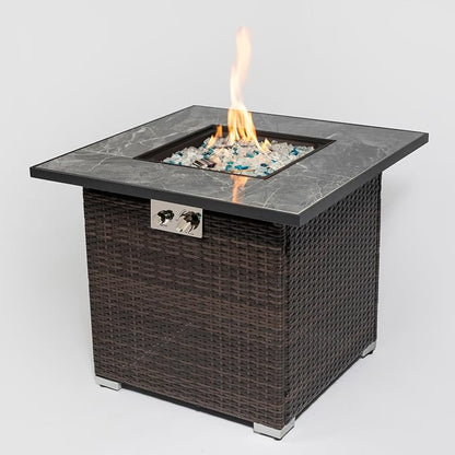 GDFStudio 30" Propane Gas Fire Pit Table, 50,000 BTU Square Outdoor Gas Firepit with Ceramic Tile Top, Wicker Base, Lid & Rain Cover for Patio Deck Backyard Garden, Brown