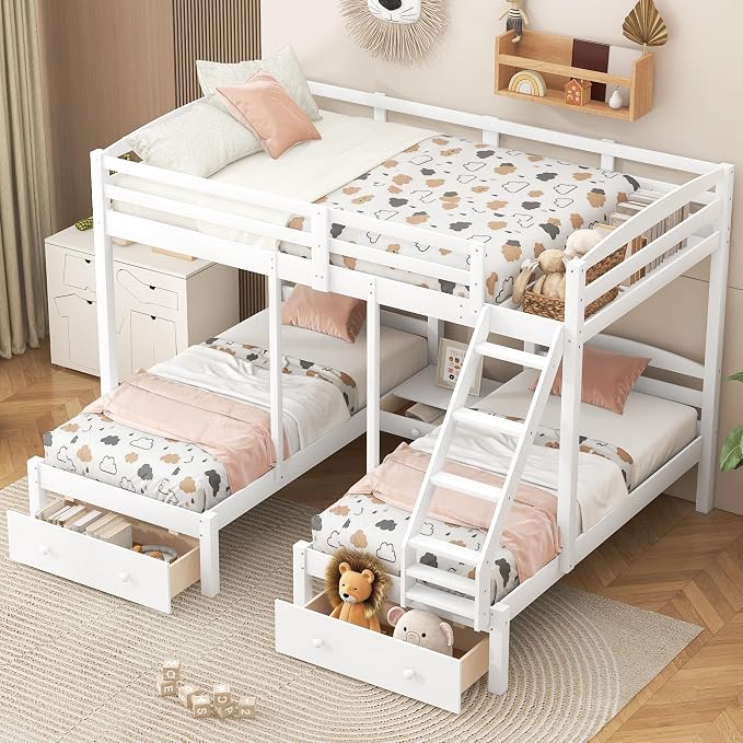 VilroCaz Wood Bed Bunk Bed with 2 Storage Drawers for 3, Full Over Twin & Twin Bunk Bed Frame with Built-in Middle Drawer, Guardrail and Ladder for Kids Teens Adults, Maximized Space Design