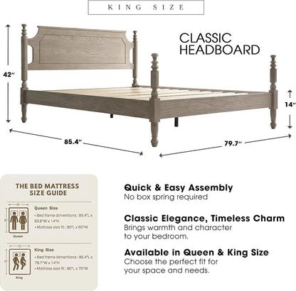 Solid Wood King Size Platform Bed Frame with Headboard & Footboard, 12 Sturdy Slats Base, Center Metal Legs, Noise-Free, No Box Spring Needed, Easy Assembly, Driftwood Gray Oak Finish, ROK-33