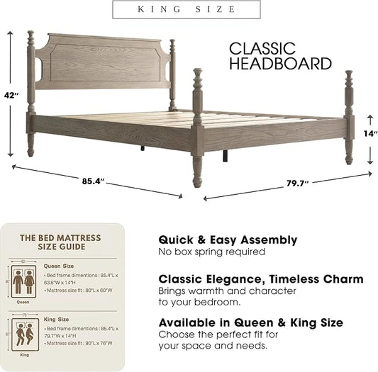 Solid Wood King Size Platform Bed Frame with Headboard & Footboard, 12 Sturdy Slats Base, Center Metal Legs, Noise-Free, No Box Spring Needed, Easy Assembly, Driftwood Gray Oak Finish, ROK-33