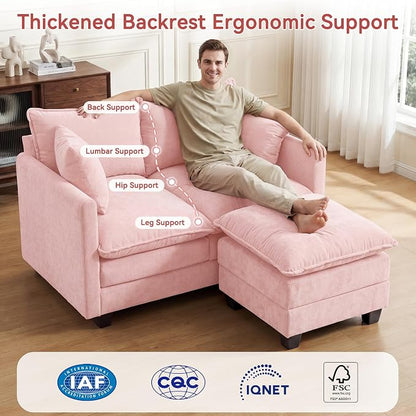 L-Shape Loveseat Sofa Couch with Ottoman, Small 50" Love Seat 27" Deep Cloud Sofa Washable Chenille Pillow for Apartment Bedroom Dorm Attic Studio Office Living Room Small Space 8833-PINK-L
