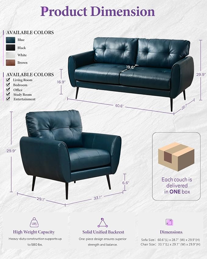 TYBOATLE Sofa Couch 61" Small Loveseat Couches for Living Room Leather Couch Mid Century Modern Tufted Mini Sofa Comfy Office 2 Seat Settee Love Seat Small Couches for Spaces Bedroom (2, Blue)
