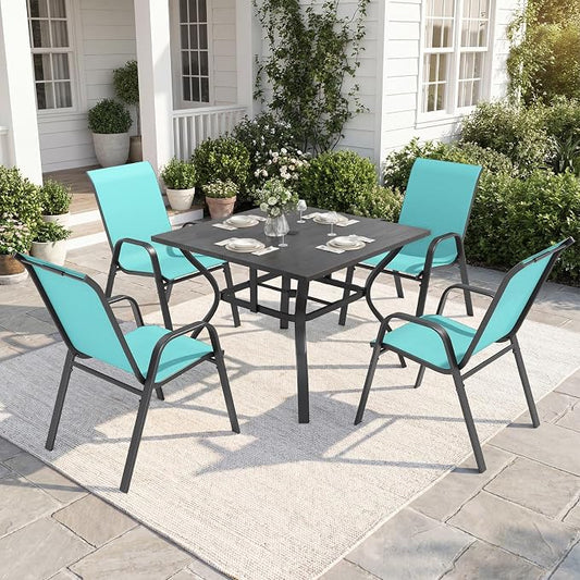 Outdoor Dining Set for 4,5pcs Patio Table and Chairs Set with Adjustable Umbrella Hole,37.8”x37.8” Square Metal Outdoor Table and Stackable Patio Chair for Yard, Garden, Porch