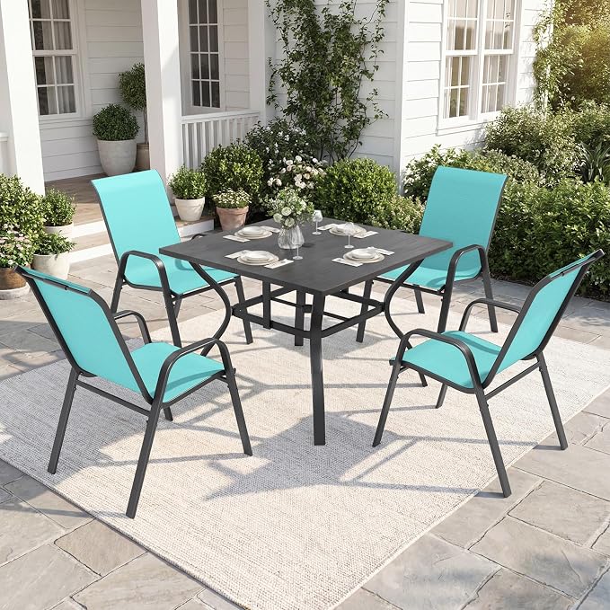 Outdoor Dining Set for 6, 7pcs Patio Table and Chairs Set with Adjustable Umbrella Hole,Heavy Duty 63”x37.8” Metal Dining Table and Stackable Patio Chair for Yard, Garden, Porch
