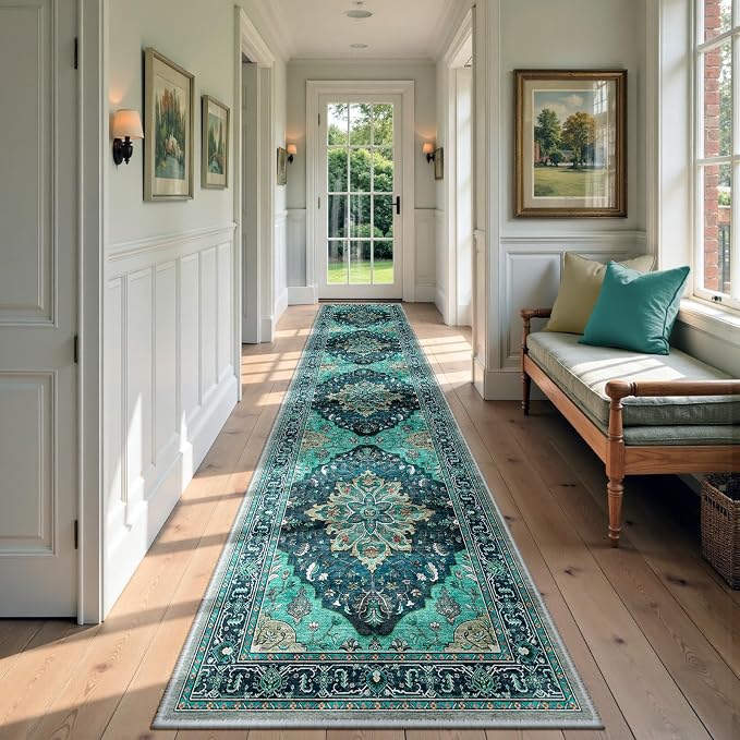 RELEANY Area Rugs Runner 2'6"x14' Washable Non-Slip, Floral Vintage Distress Medallion Carpet for Kitchen Hallway Bedroom Beside Laundry Room Bathroom, Teal Green Lake Blue Turquoise