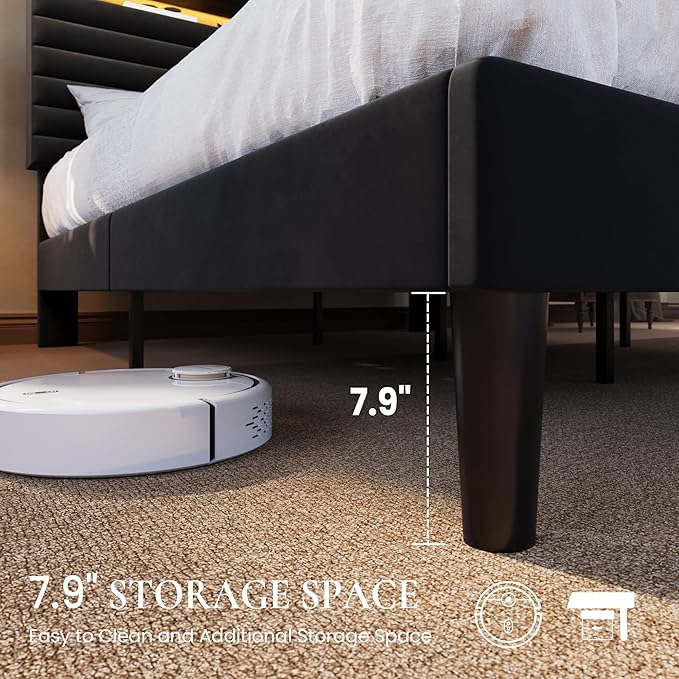 SHA CERLIN Queen Bed Frame with LED Light & 2-Tier Storage Shelf, Velvet Upholstered Adjustable Headboard with Charing Station, Horizontal Channel Tufted, No Box Spring Needed, Easy Assembly, Black