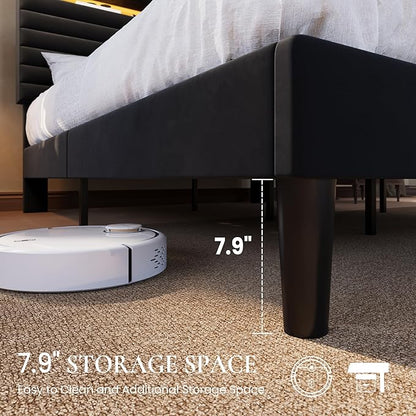 SHA CERLIN Queen Bed Frame with LED Light & 2-Tier Storage Shelf, Velvet Upholstered Adjustable Headboard with Charing Station, Horizontal Channel Tufted, No Box Spring Needed, Easy Assembly, Black