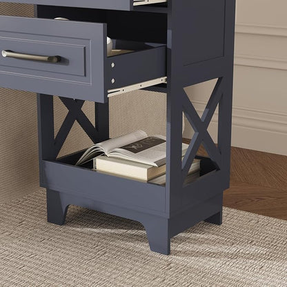 Tall Nightstand Set of 2 Side Table Modern Night Stand with 2 Drawers Wooden Rustic End Table Bedside Table with Upper Open Shelf Solid Feet for Bedroom Navy Blue+Walnut