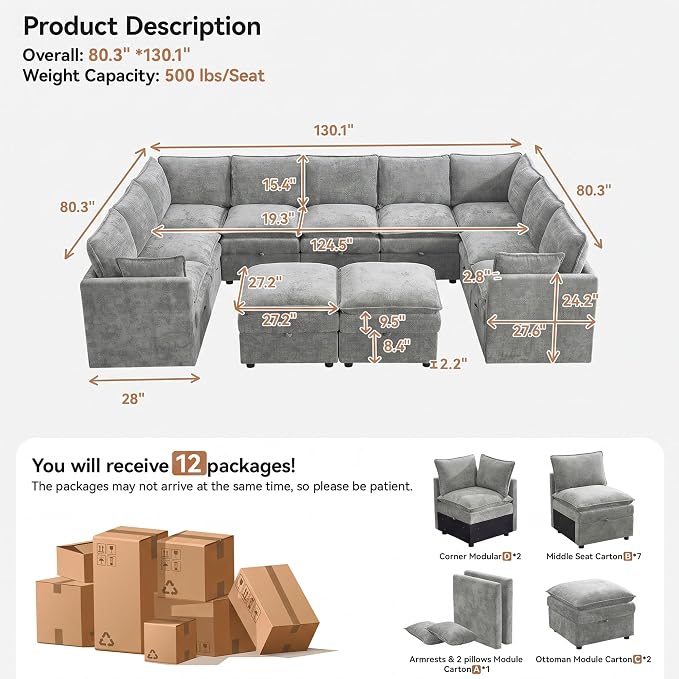 130" Light Grey Oversized Modular Storage Sofa, U Shaped Chenille Couch | Oversized Convertible Sectional Sofa, 9-Seat Sectional Couch With 2 Ottomans, Large Cloud Couch For Living Room, Apartment.
