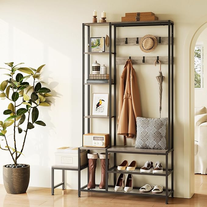 Espelism Hall Tree with Shoe Storage Bench Coat Rack with 7 Hooks Interchangeable 4 Tier Side Storage Shelves Small Cute Side Bench Industrial 5-in-1 Entryway Coat Rack for Hallway Mudroom Bedroom