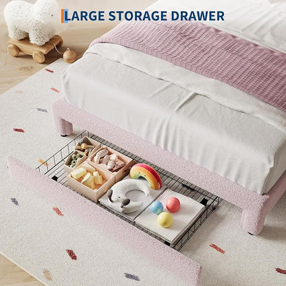 IDEALHOUSE Full Bed Frame with LED Headboard and Under-Bed Drawer, Boucle Fabric Upholstered Platform Bed with LED Light for Kids, Girls, Wooden Slats Support, No Box Spring Needed, Pink