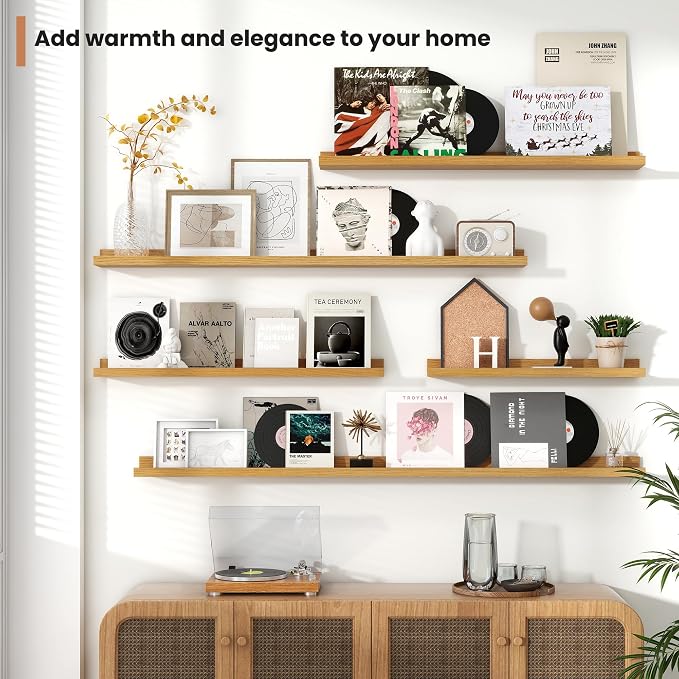 Fun Memories Picture Ledge Shelves Set of 4, 48 Inch Rustic Wall Mounted Floating Shelves with Lip for Home Storage and Décor in Bathroom, Kitchen, Nursery, Bedroom, Living Room, Oak
