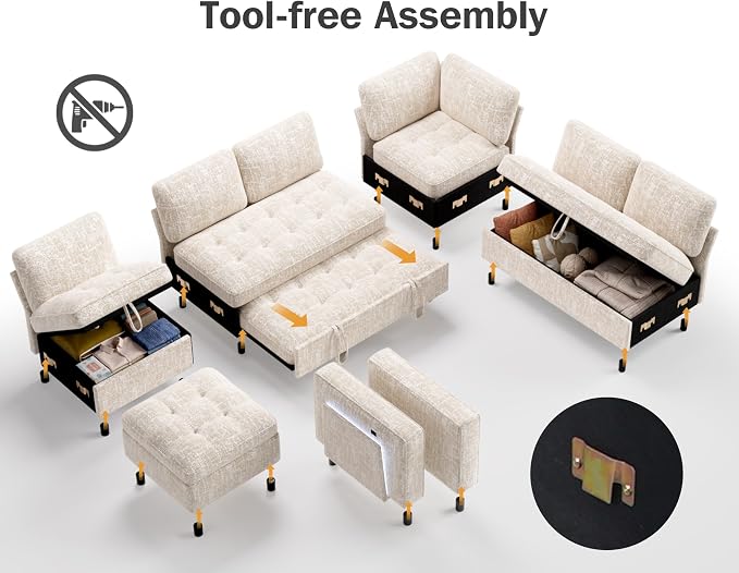 Vipbear 7 Seat L Shaped Modular Sectional Sleeper Sofa Bed with Ottoman/Pull Out Bed/Reclining Backrest/USB Ports/Table/LED Light/Storage Seat, Tool-Free Assembly, Chenille Beige