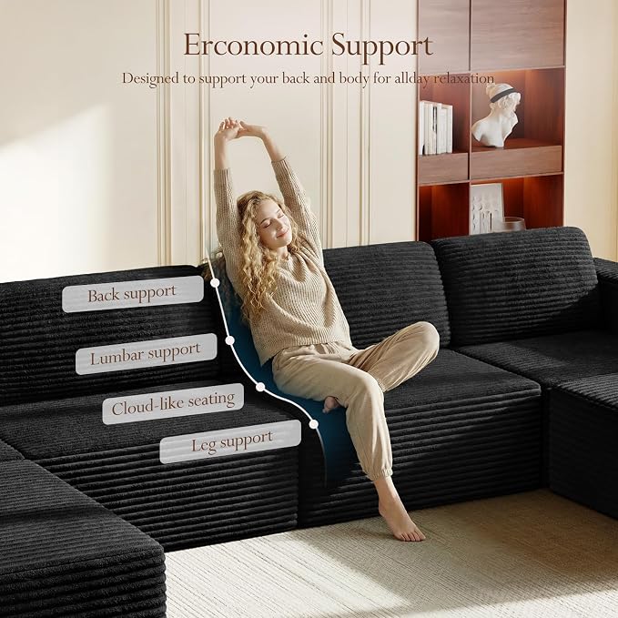 Vesgantti 159" Large Modular Sectional Sofa, U-Shaped Corduroy Cloud Couch with Deep Seats & Spring Support, 4-Seater Boneless Sofa with 2 Movable Ottomans, No Assembly Needed, Black