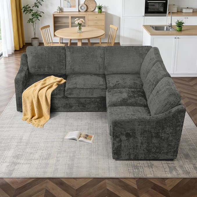 89" Chenille Sectional Sofa with High Density Sponge, Modern 5 Seats Corner Couch with Deep Seat, Comfy Modular L Shaped Couch with Comfortable Back Cushions for Living Room, Grey