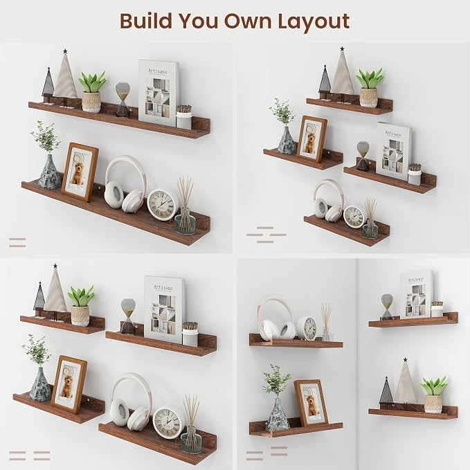 Axeman 72 Inch Floating Shelves | Walnut Picture Ledge Shelf Set of 4 | Rustic Wood Wall Shelves with Lip | 72" Walnut Picture Shelves for Wall with Ledge | Photo Shelves