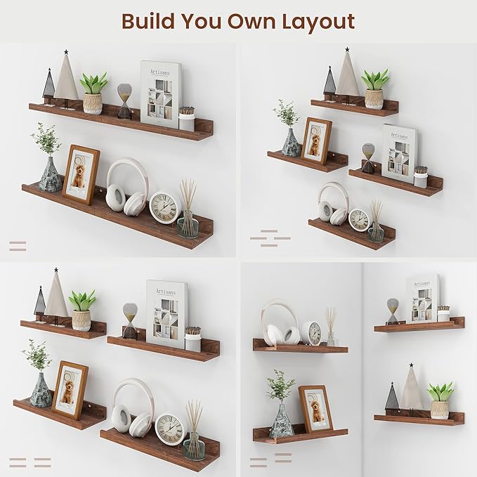 Axeman Picture Ledge Shelf | 36 Inch Walnut Floating Shelves Set of 4 | Rustic Wood Wall Shelves with Lip | 36" Walnut Picture Shelves for Wall with Ledge | Photo Shelves