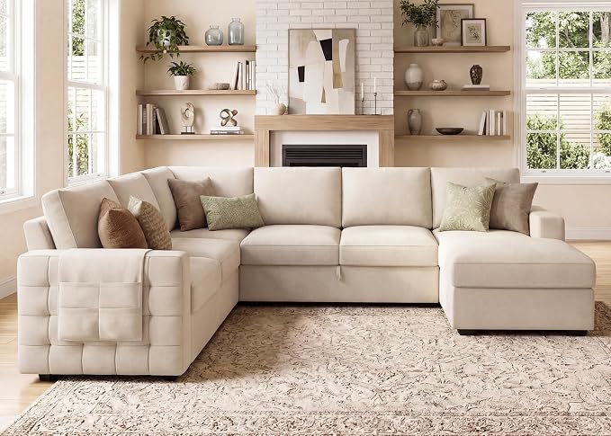 HONBAY Sectional Sleeper Sofa with Pull-Out Bed Storage Chaise, 6 Seaters Couch for Living Room, Beige