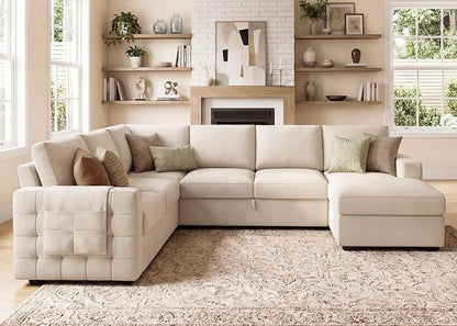 HONBAY Sectional Sleeper Sofa with Pull-Out Bed Storage Chaise, 6 Seaters Couch for Living Room, Beige