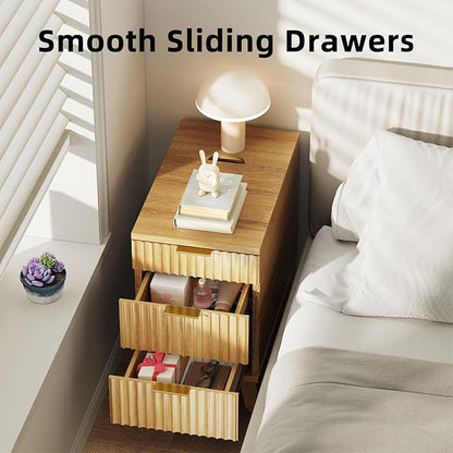 Kalrin Narrow Nightstand with Hidden Outlets & USB Ports, Modern Fluted Bedside Table with 3 Drawers, Engineering Wooden End Tables for Bedroom and Living Room(Natural Oak)