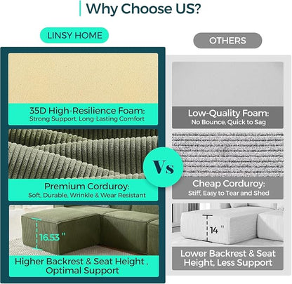 LINSY HOME Modular Sectional Sofa, 134" Boneless Couch U Shaped 4-Seat Sofa with 2 Movable Ottomans, Corduroy Sectional Cloud Couches for Living Room, No Assembly Required, Green