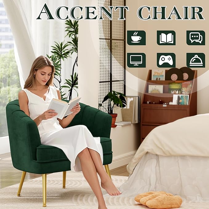 Andeworld Velvet Accent Chair Set of 2, Upholstered Modern Single Sofa Side Chair,Comfy Barrel Club Living Room Armchair with Golden Metal Legs for Bedroom Living Reading Room Office, Green