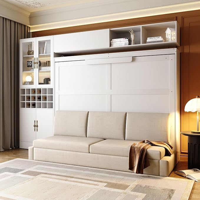 Queen Murphy Bed with Couch, Storage Shelves and USB, Folding Wall Bed | Stores bed and mattress together, with built-in light, 600 lbs capacity and 8-10 in mattress support for small spaces