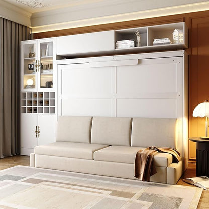 Queen Murphy Bed with Couch, Storage Shelves and USB, Folding Wall Bed | Stores bed and mattress together, with built-in light, 600 lbs capacity and 8-10 in mattress support for small spaces