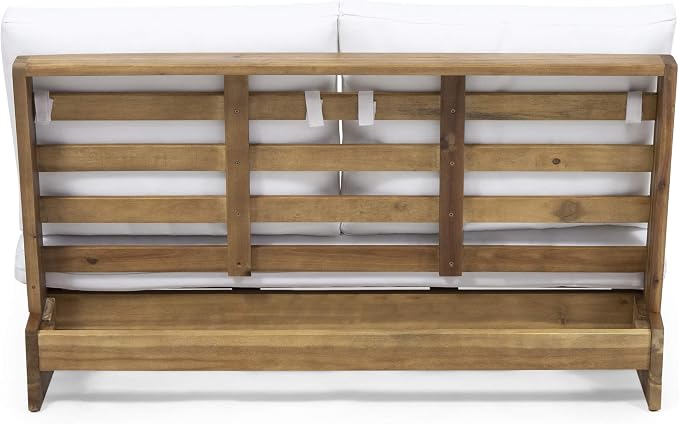 Great Deal Furniture Kaitlyn Outdoor Acacia Wood Loveseat with Cushions, Teak and White