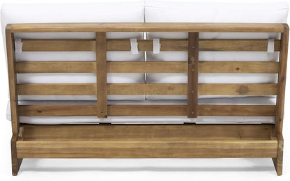 Great Deal Furniture Kaitlyn Outdoor Acacia Wood Loveseat with Cushions, Teak and White