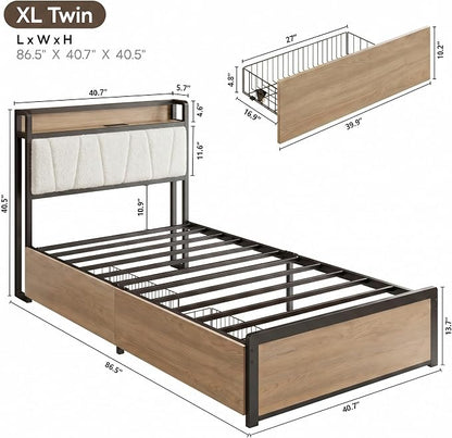 LIKIMIO Twin XL Bed Frame with 2 Storage Drawers, Charging Station & LED Lights, Twin XL Bed with Boucle Upholstered Headboard, Strong Metal Slats, No Box Spring Needed, Easy Assembly, Wood/Cream