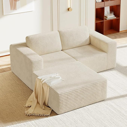 Vesgantti 80" Modular Sectional Sofa, Corduroy Cloud Couch with Deep Seats & Spring Support, Compact 2 Seater Boneless Couch, L-Shaped Modular Sofa for Small Spaces, Apartments, No Assembly, Beige