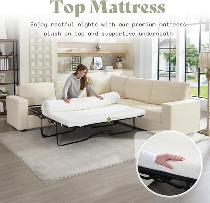 AMERLIFE 106" Oversized Sofa Bed, Sectional Sleeper Sofa with Pull Out Bed, 3 in 1 Convertible Sofa Bed, L Shaped Couch with Storage, High Resilience Mattress, Chenille Beige