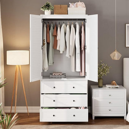 Garvee 70" Wardrobe Armoire Wooden Closet with 2 Doors and 3 Drawers, Bedroom Armoire with Hanging Rod Shelf, Large Capacity Storage Wardrobe Armoire, Freestanding Wooden Closet Storage Cabinet