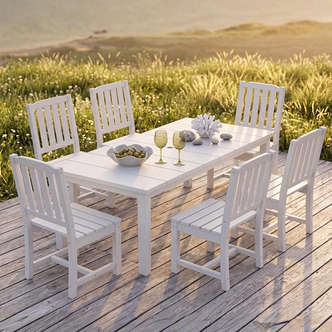 Perli™ 7-Piece Outdoor Dining Set, All-Weather HDPE Patio Table and 6 Chairs with Umbrella Hole, UV-Resistant Composite Wood Dining Furniture for Deck, Backyard, Poolside, White
