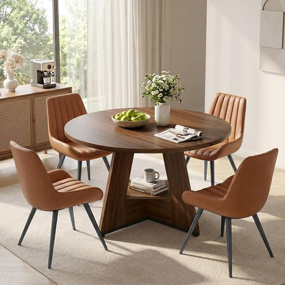 Miereirl 47.3 Inch Round Dining Table Set for 4, Round Kitchen Table with Chairs, Space Saving Dining Room Table Set with Storage Shelf for Apartment Kitchen Dining Room, Walnut Table+4 Brown Chairs