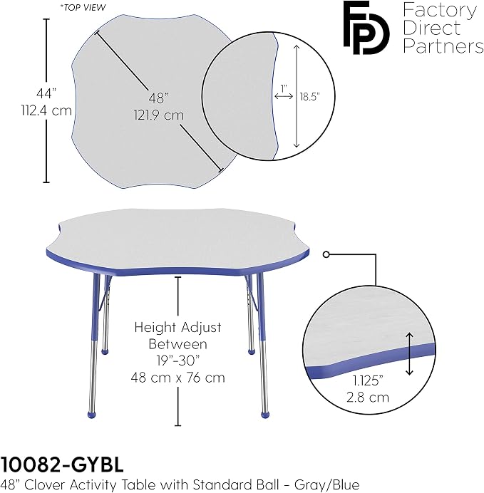 FDP Clover Activity School and Office Table (48 x 48 inch), Standard Legs with Ball Glides for Collaborative Seating Environments, Adjustable Height 19-30 inches - Gray Top and Blue Edge